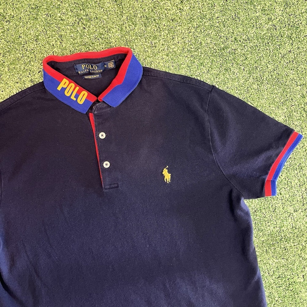 Polo Ralph Lauren Custom Slim Fit Navy Blue Polo Shirt M Logo Collar Spellout